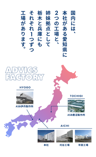 国内には、本社がある愛知県に2つの工場と、姉妹拠点として栃木と兵庫にもそれぞれ1つずつ工場があります。